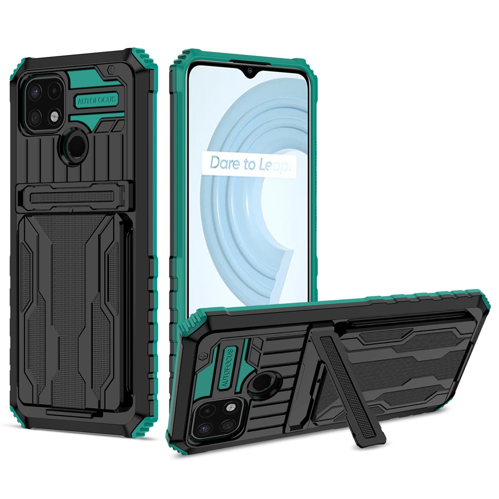 Mobile Phone Case Hard PC and Soft TPU Protective Phone Cover with Kickstand Detachable Card Holder for Realme C21Y / Realme C21 - Blackish Green-1