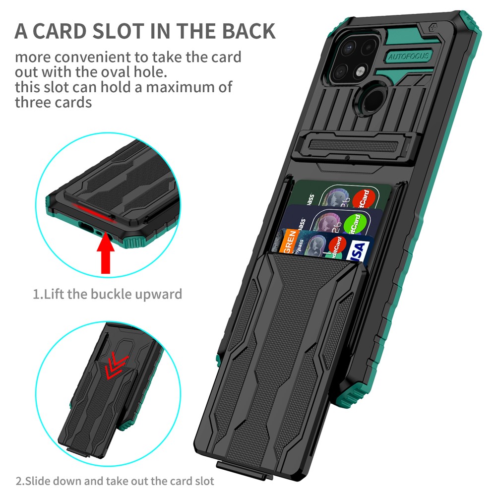 Mobile Phone Case Hard PC and Soft TPU Protective Phone Cover with Kickstand Detachable Card Holder for Realme C21Y / Realme C21 - Blackish Green-2