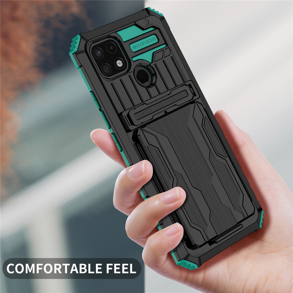 Mobile Phone Case Hard PC and Soft TPU Protective Phone Cover with Kickstand Detachable Card Holder for Realme C21Y / Realme C21 - Blackish Green-5