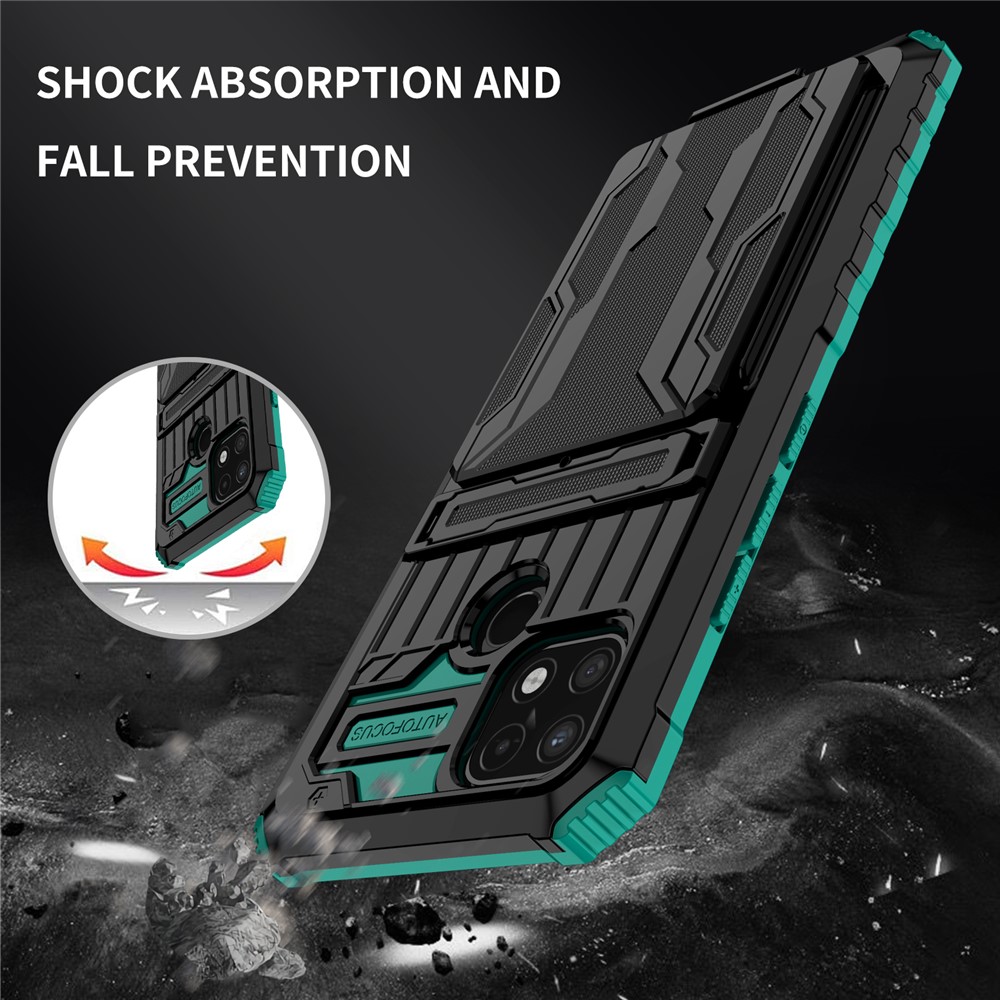 Mobile Phone Case Hard PC and Soft TPU Protective Phone Cover with Kickstand Detachable Card Holder for Realme C21Y / Realme C21 - Blackish Green-6