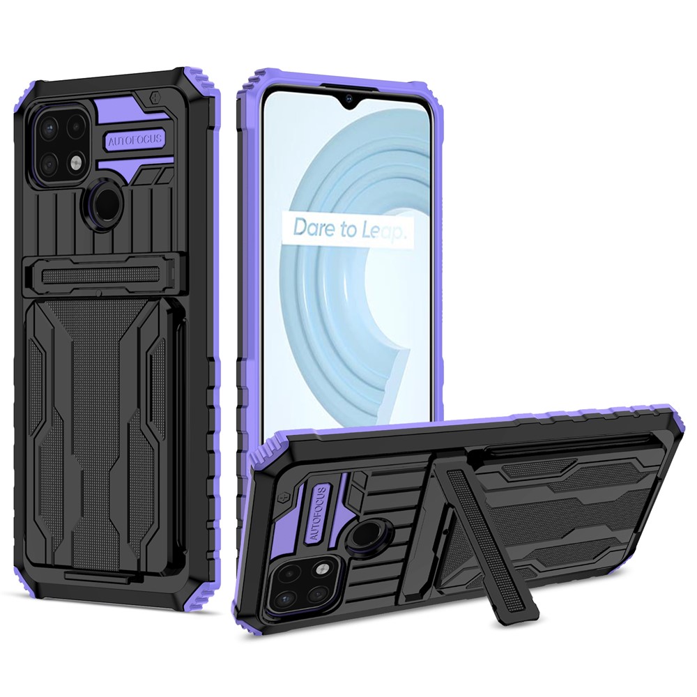 Mobile Phone Case Hard PC and Soft TPU Protective Phone Cover with Kickstand Detachable Card Holder for Realme C21Y / Realme C21 - Purple-1