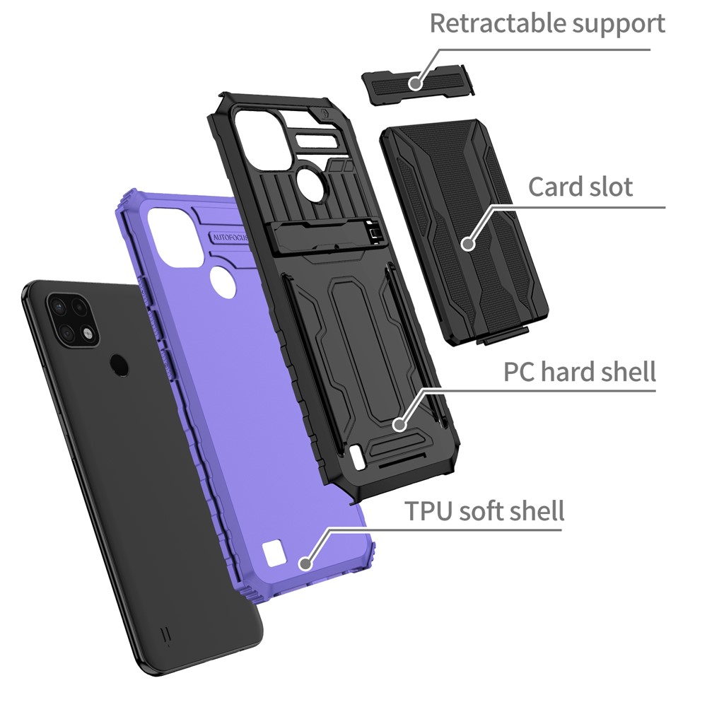 Mobile Phone Case Hard PC and Soft TPU Protective Phone Cover with Kickstand Detachable Card Holder for Realme C21Y / Realme C21 - Purple-3