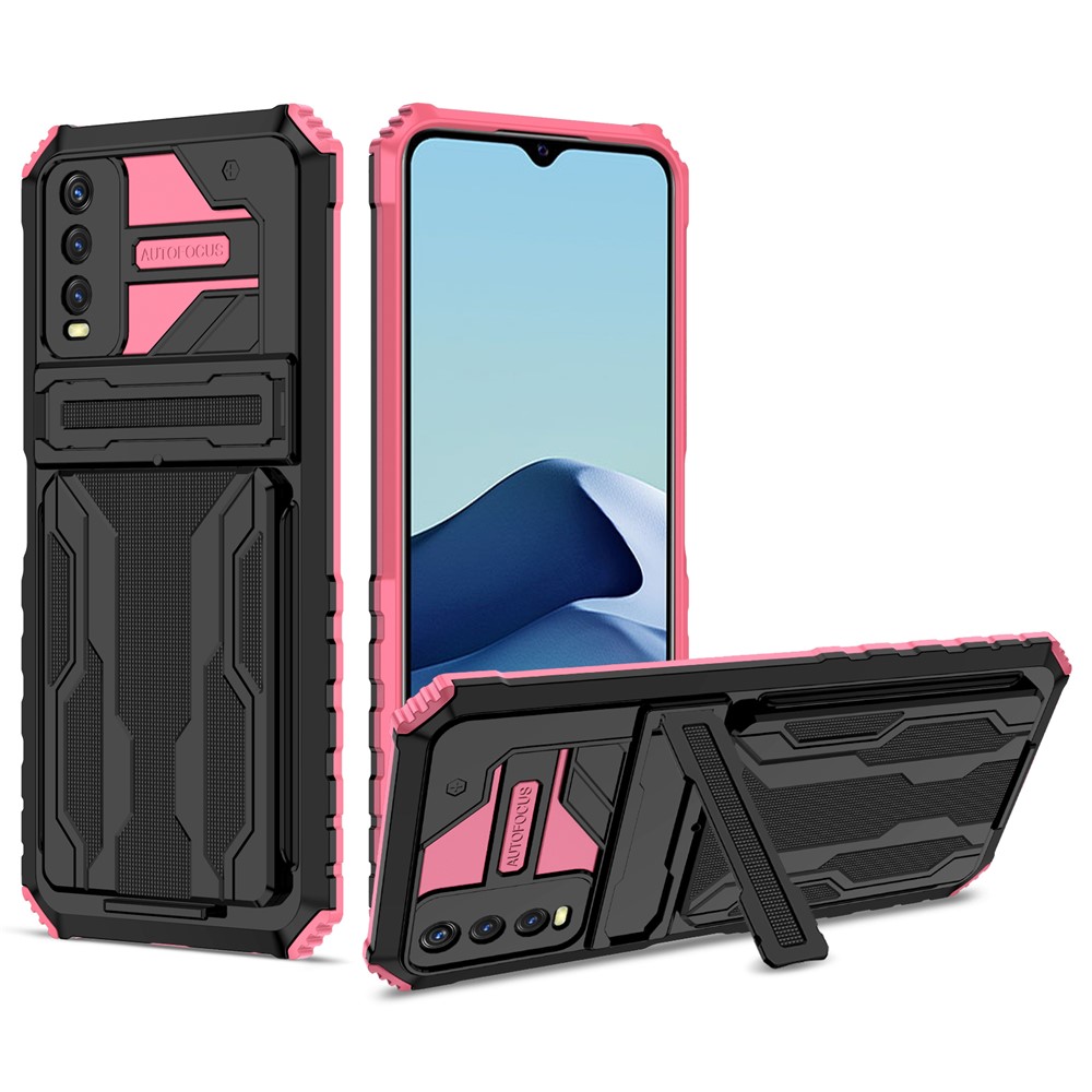 Hard PC + Soft TPU Phone Case Shockproof Phone Protective Cover with Kickstand Detachable Card Holder for vivo Y20/Y20i/Y12a/Y20s/Y12s - Pink-1