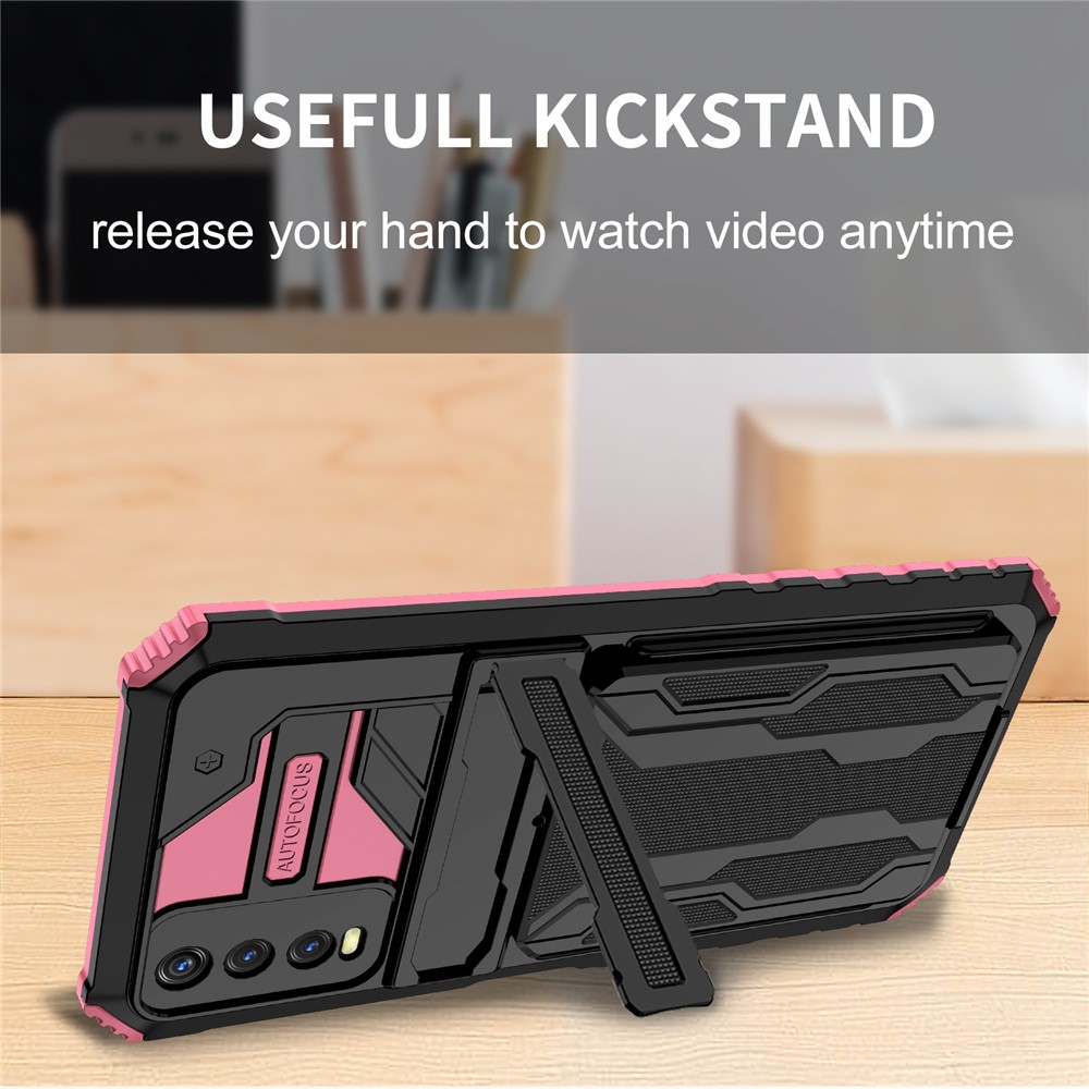 Hard PC + Soft TPU Phone Case Shockproof Phone Protective Cover with Kickstand Detachable Card Holder for vivo Y20/Y20i/Y12a/Y20s/Y12s - Pink-7