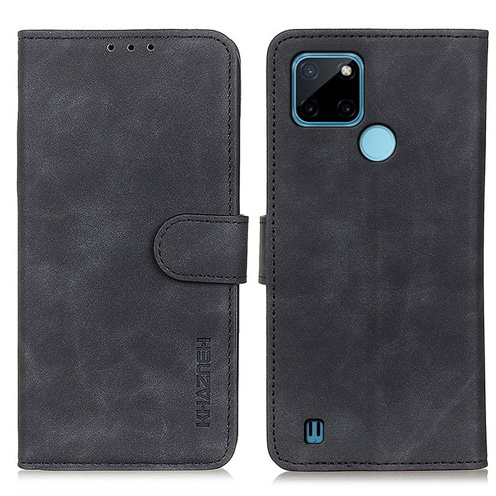 KHAZNEH Magnetic Closure Retro Texture Leather Case Stand Wallet Flip Leather + TPU Inner Shell Phone Cover for Realme C21Y / Realme C25Y - Black-1