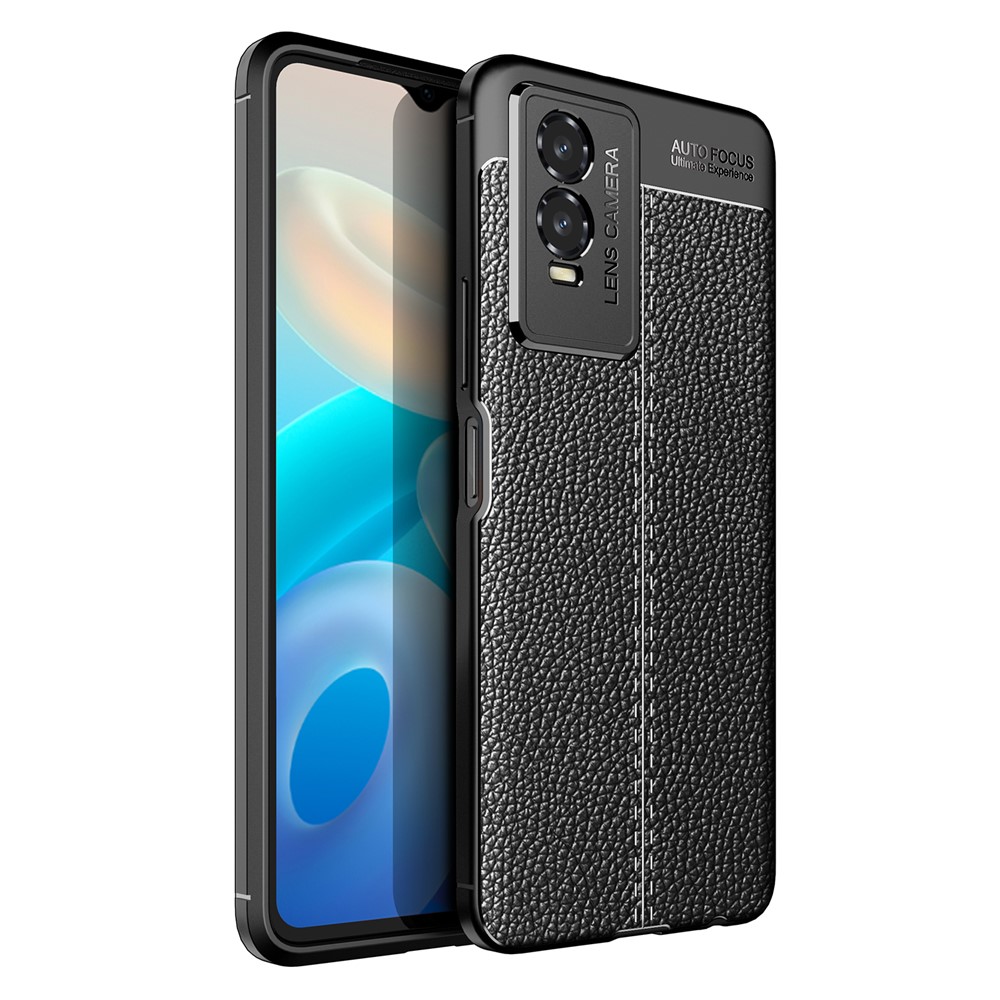 Litchi Texture Slim Anti-drop Flexible TPU Anti-Fingerprint Phone Cover Case for vivo Y76s - Black-1