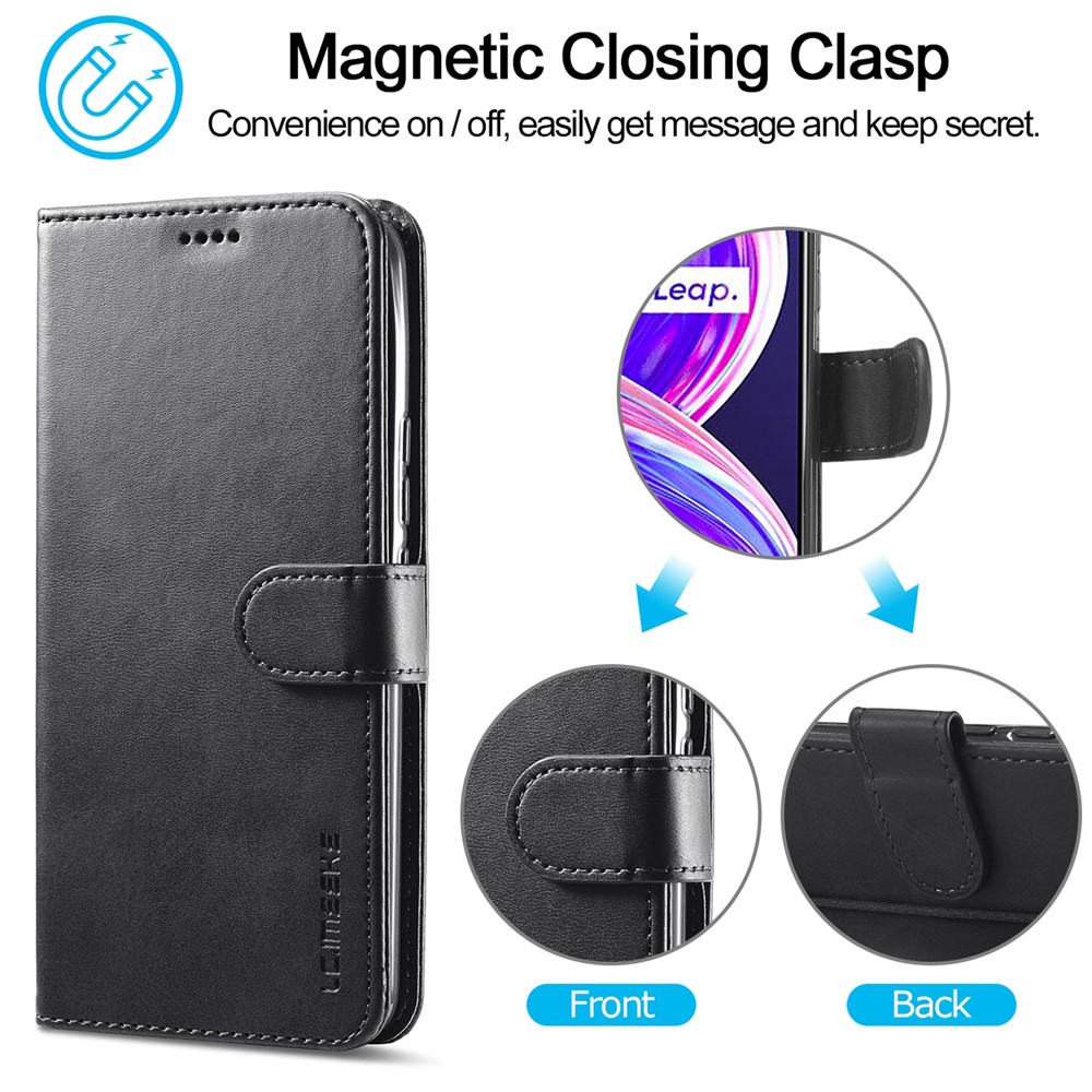 LC.IMEEKE PU Leather Flip Folio Stand Case Shockproof Wallet Phone Case Cover for Realme 8i - Black-8