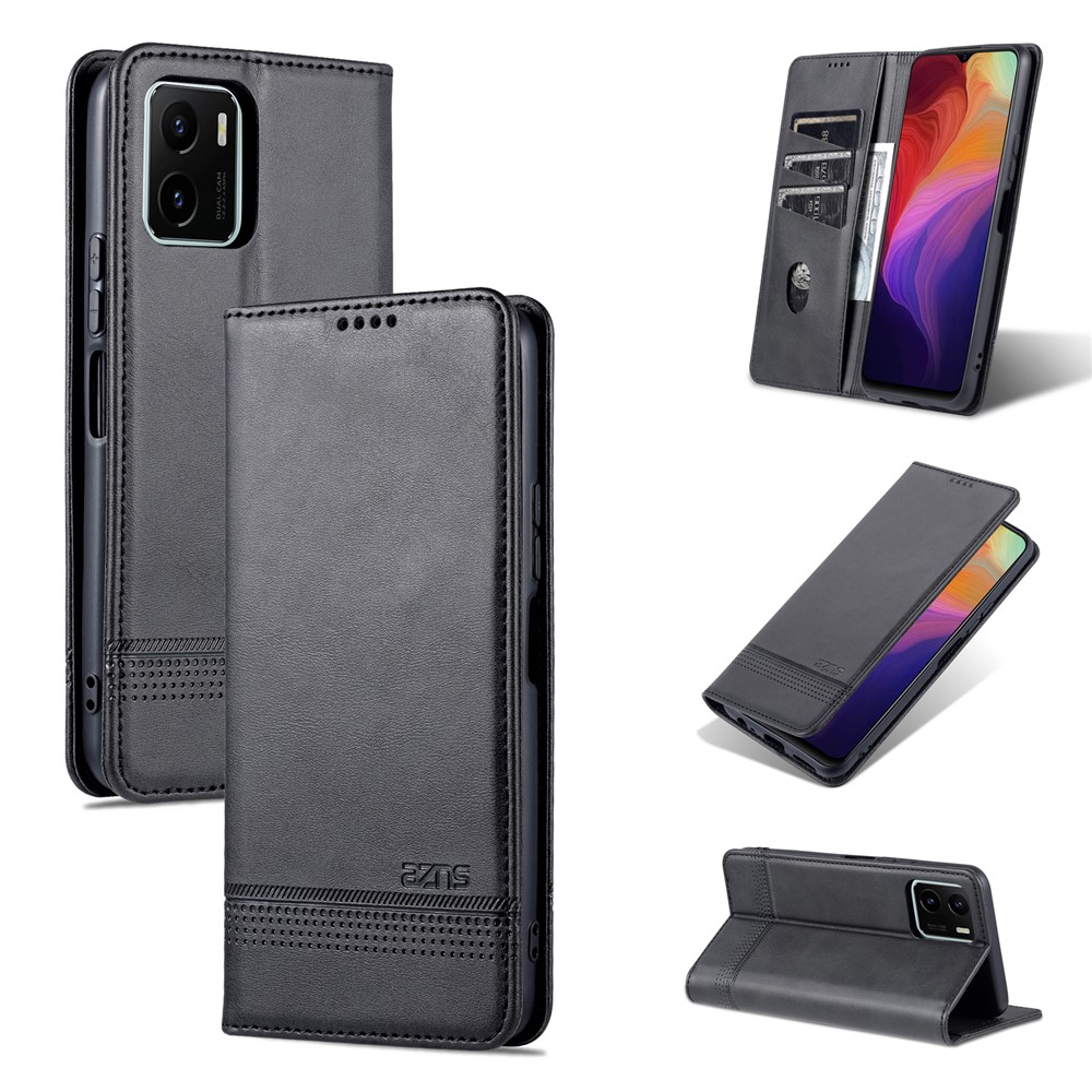 AZNS Magnetic Absorption PU Leather Flip Cover Stand Protective Wallet Phone Case for vivo Y15s - Black-11
