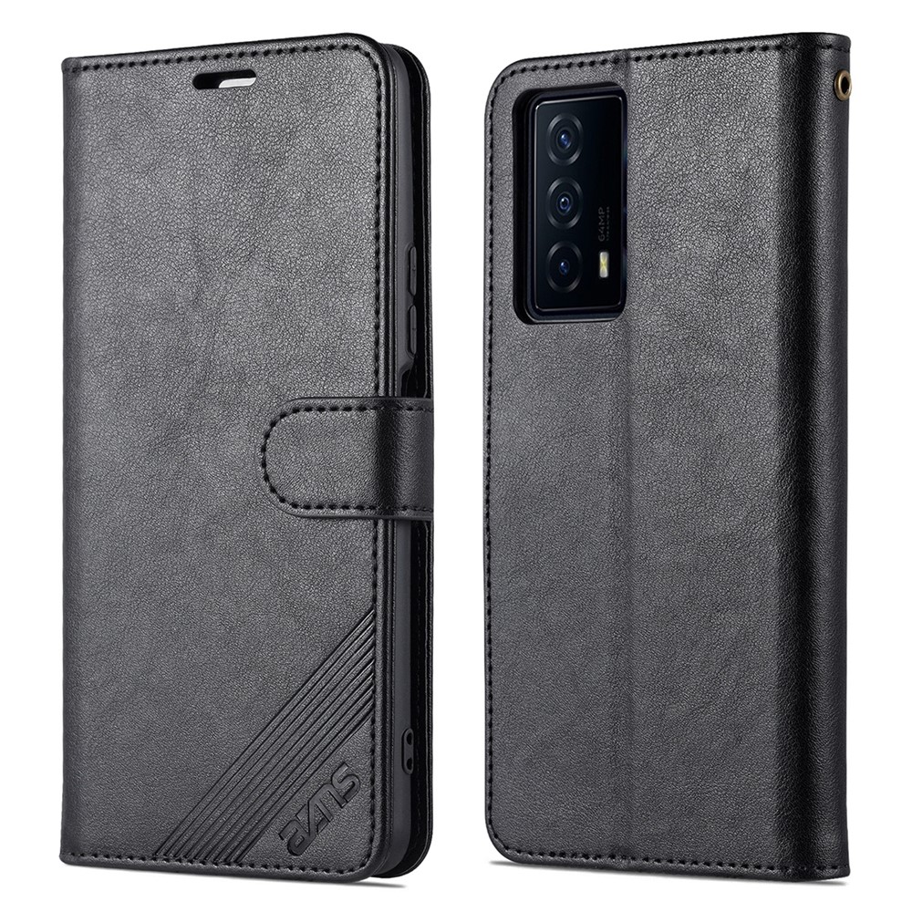 AZNS Textured PU Leather Stand Wallet Case Magnetic Clasp Shockproof Cover for vivo iQOO Z5 - Black-1