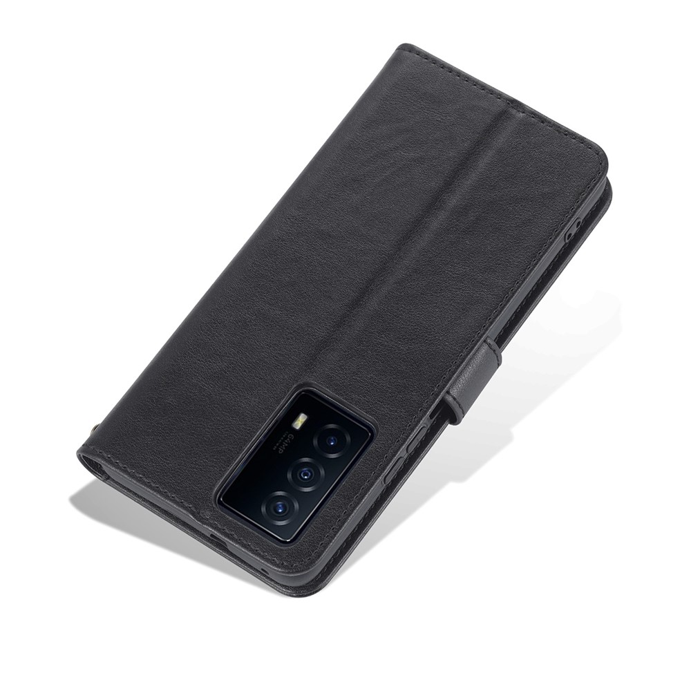 AZNS Textured PU Leather Stand Wallet Case Magnetic Clasp Shockproof Cover for vivo iQOO Z5 - Black-10
