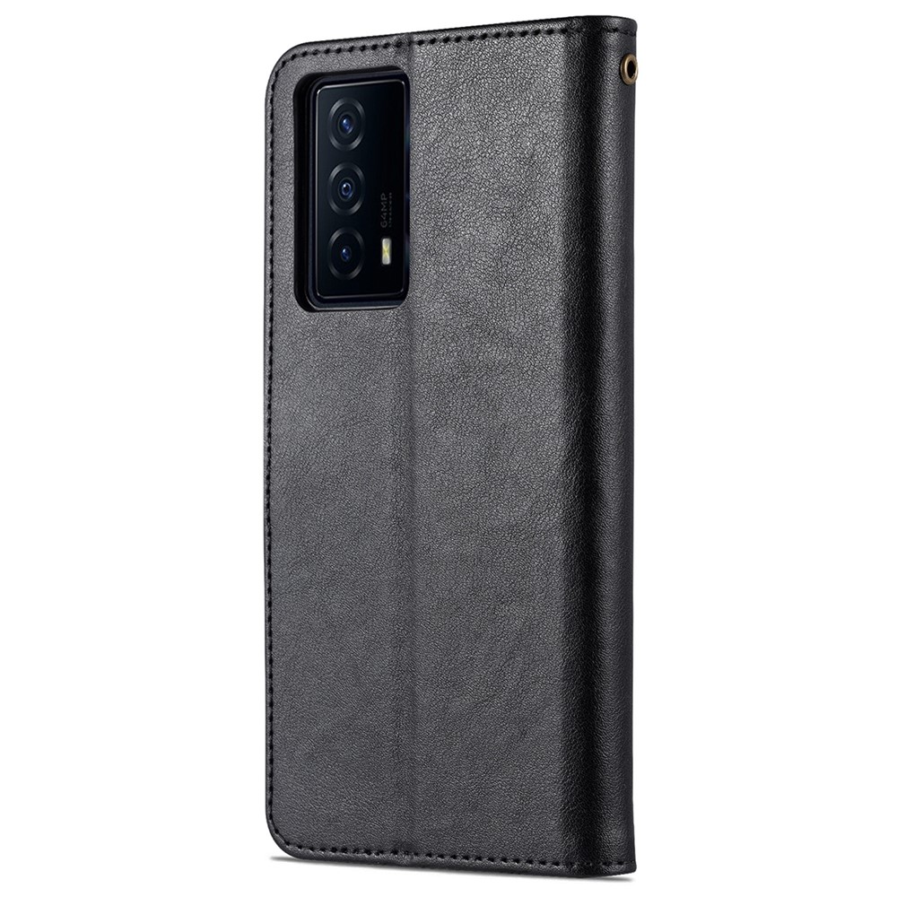 AZNS Textured PU Leather Stand Wallet Case Magnetic Clasp Shockproof Cover for vivo iQOO Z5 - Black-3