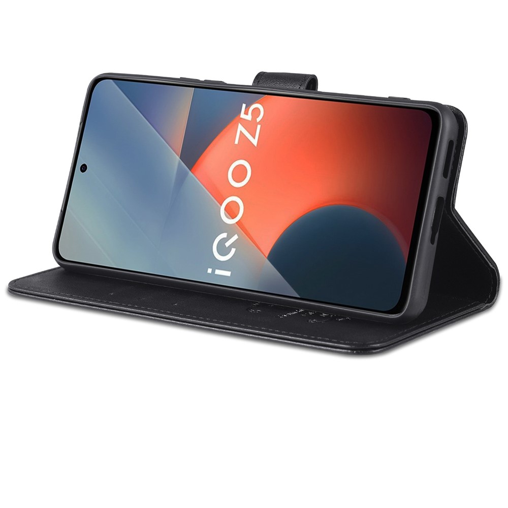 AZNS Textured PU Leather Stand Wallet Case Magnetic Clasp Shockproof Cover for vivo iQOO Z5 - Black-4
