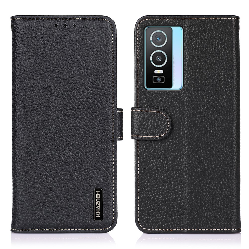 KHAZNEH Litchi Texture Top Layer Genuine Leather Case TPU Inner Wallet Stand Phone Cover for vivo Y76s 5G - Black-1