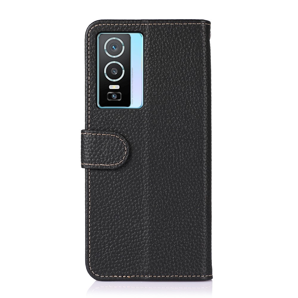 KHAZNEH Litchi Texture Top Layer Genuine Leather Case TPU Inner Wallet Stand Phone Cover for vivo Y76s 5G - Black-3
