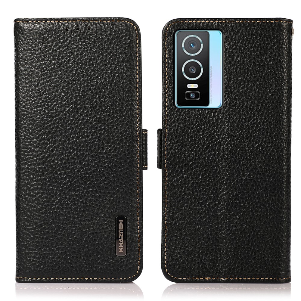 KHAZNEH Litchi Texture Top Layer Genuine Leather Wallet Case RFID Blocking Stand Shockproof TPU Interior Case for vivo Y76s 5G - Black-1