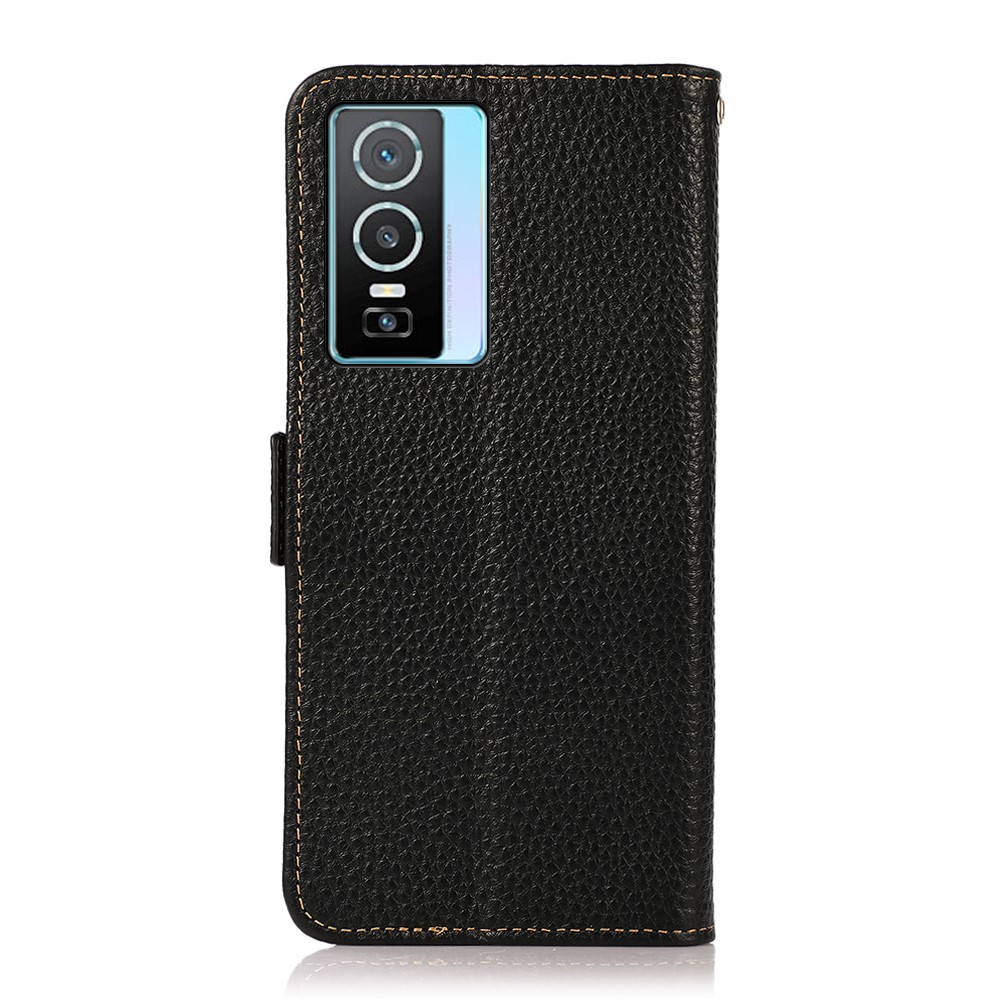 KHAZNEH Litchi Texture Top Layer Genuine Leather Wallet Case RFID Blocking Stand Shockproof TPU Interior Case for vivo Y76s 5G - Black-3