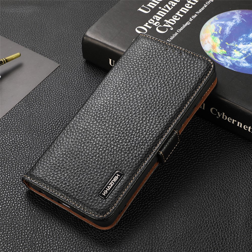 KHAZNEH Litchi Texture Top Layer Genuine Leather Wallet Case RFID Blocking Stand Shockproof TPU Interior Case for vivo Y76s 5G - Black-6