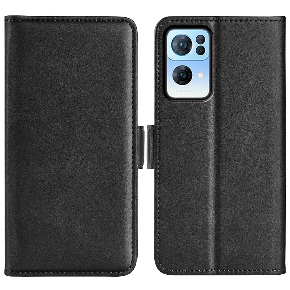 Side Magnetic Double Clasps Foldable Stand Wallet Textured PU Leather Case Phone Cover for Oppo Reno7 Pro 5G - Black-1