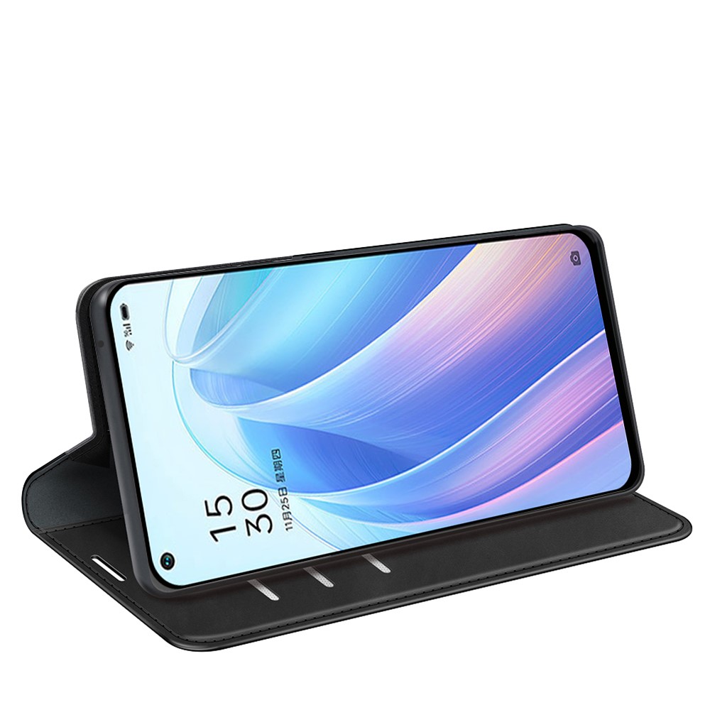 Skin Touch Mobile Phone Cover Shell TPU + PU Leather Drop-proof Phone Case with Supporting Stand and Wallet Design for Oppo Reno7 Pro 5G - Black-5