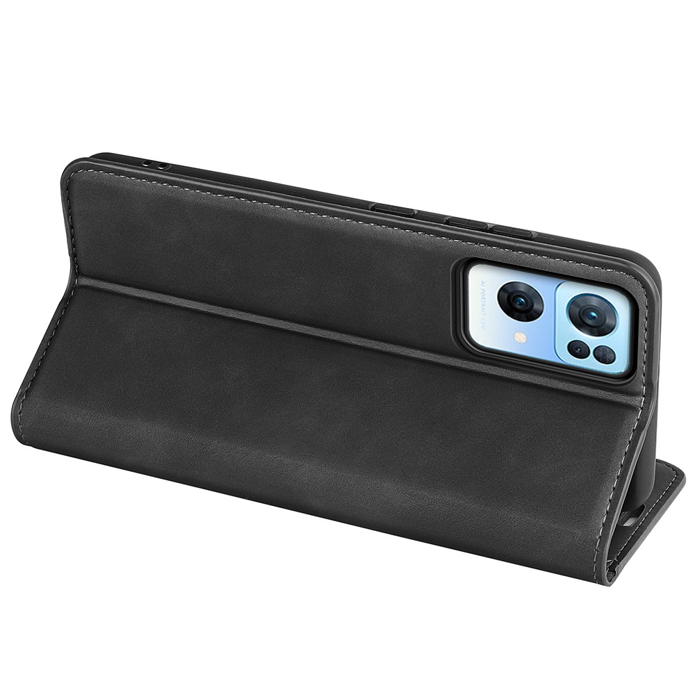 Skin Touch Mobile Phone Cover Shell TPU + PU Leather Drop-proof Phone Case with Supporting Stand and Wallet Design for Oppo Reno7 Pro 5G - Black-7