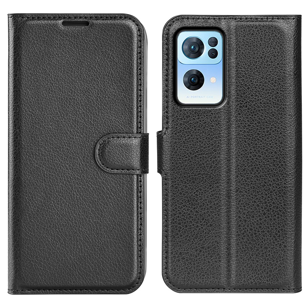 Litchi Textura PU Couro Folio Flip Stand Carteira Proteção Geral TPU TPU Interno Capa Oppo Reno7 Pro 5G - Preto