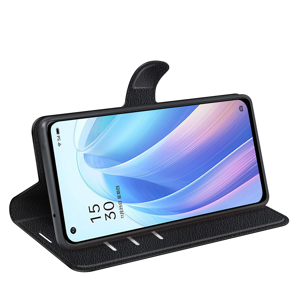 Litchi Textura PU Couro Folio Flip Stand Carteira Proteção Geral TPU TPU Interno Capa Oppo Reno7 Pro 5G - Preto