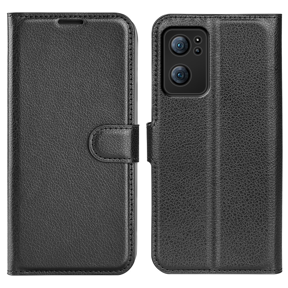 PU Leather Coated TPU Mobile Phone Bag Case Litchi Texture Scratch-resistant Stand Wallet Flip Protective Phone Cover for Oppo Reno7 5G - Black-1