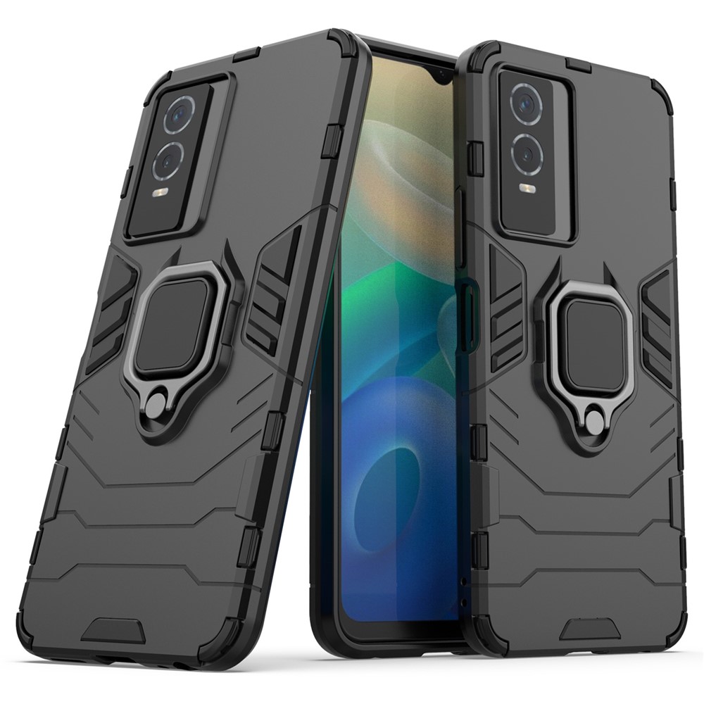 Drop Protection Hard PC Flexible TPU Shock Absorption Kickstand Case for vivo Y76s 5G - Black-1