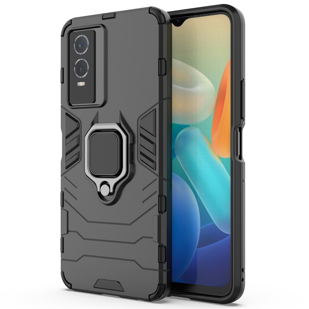 Drop Protection Hard PC Flexible TPU Shock Absorption Kickstand Case for vivo Y76s 5G - Black-2