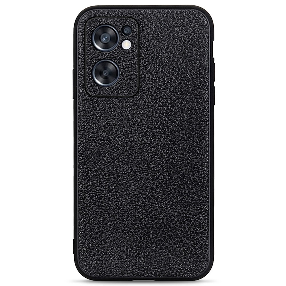 Lanyard Hole Design Litchi Texture Genuine Leather Coated TPU + PC Mobile Phone Case for Oppo Reno7 SE 5G - Black-1