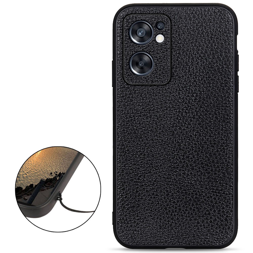 Lanyard Hole Design Litchi Texture Genuine Leather Coated TPU + PC Mobile Phone Case for Oppo Reno7 SE 5G - Black-2
