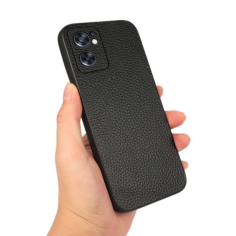 Lanyard Hole Design Litchi Texture Genuine Leather Coated TPU + PC Mobile Phone Case for Oppo Reno7 SE 5G - Black-3