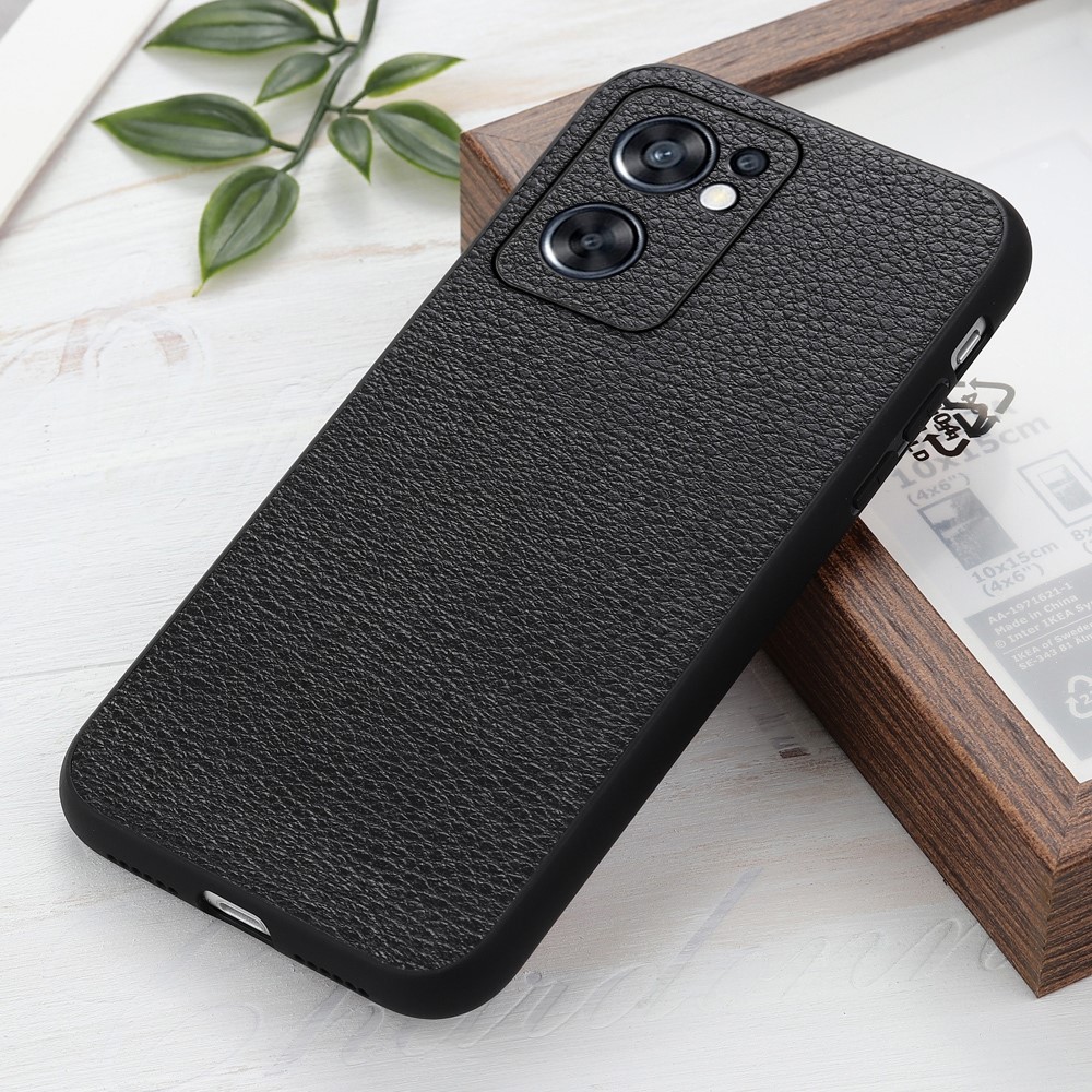 Ligação Do Furo Do Cordão Litchi Textura De Couro Genuíno Revestido TPU + PC Caso De Telefone Móvel Para OPPO Reno7 SE 5G - Preto