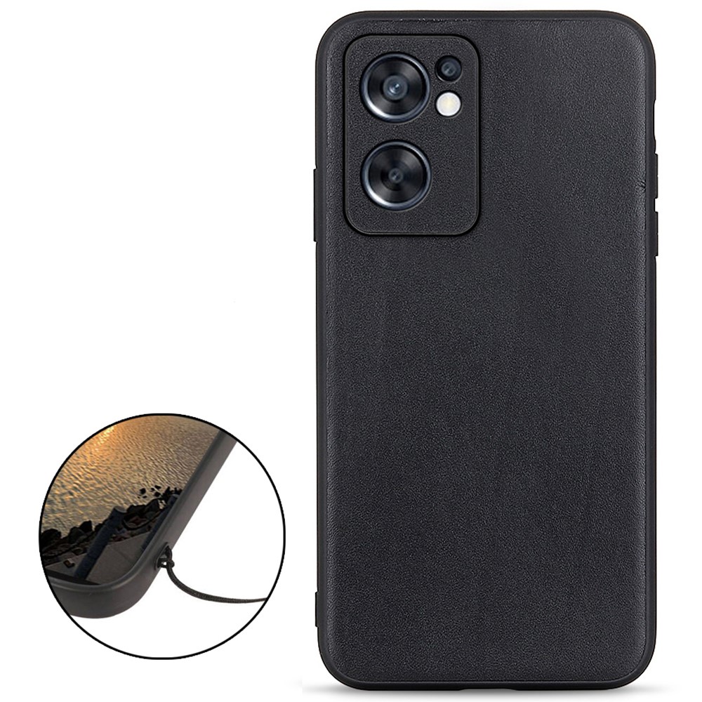 Textured Anti-scratch Lightweight Genuine Leather Coated Hard PC + Soft TPU Phone Case for Oppo Reno7 SE 5G - Black-2