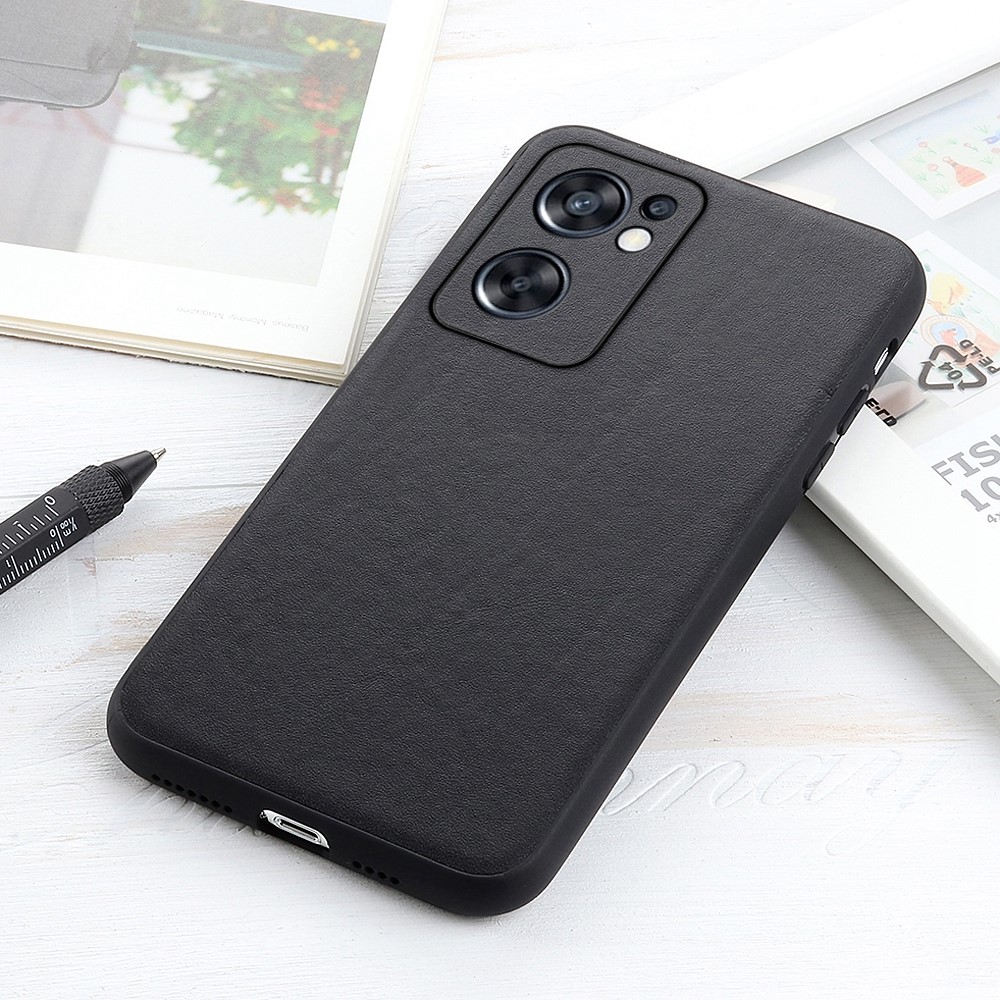 Textured Anti-scratch Lightweight Genuine Leather Coated Hard PC + Soft TPU Phone Case for Oppo Reno7 SE 5G - Black-4