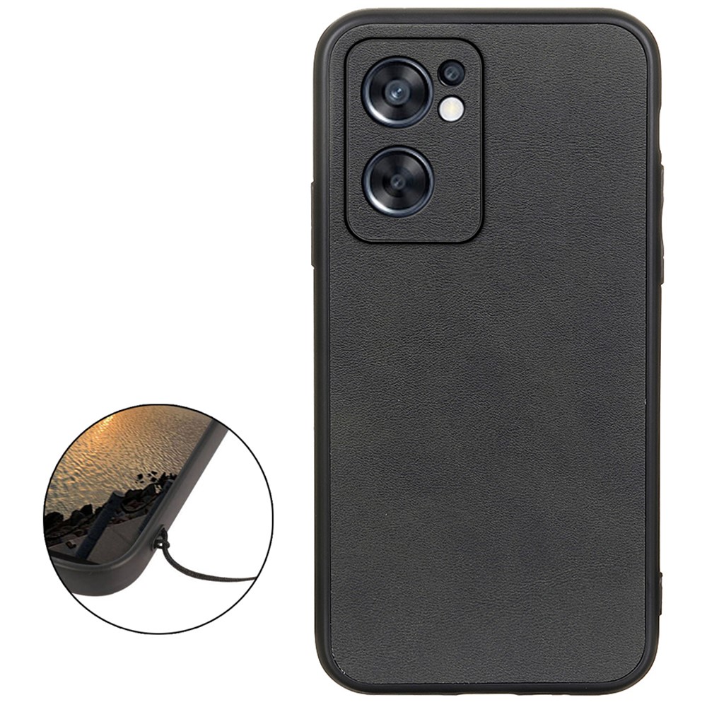 PU Leather Coated PC + TPU Textured Drop-proof Protective Mobile Phone Case Cover for Oppo Reno7 SE 5G - Black-2