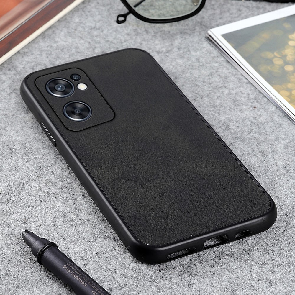 PU Leather Coated PC + TPU Textured Drop-proof Protective Mobile Phone Case Cover for Oppo Reno7 SE 5G - Black-4