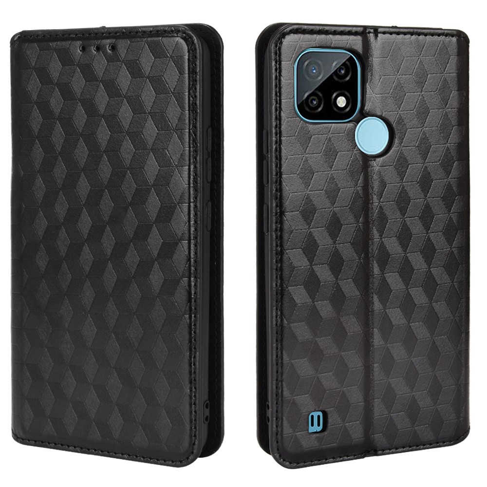 Imprinted 3D Rhombus Pattern Phone Case PU Leather + TPU Protective Cover with Stand Wallet for Realme C21 - Black-1