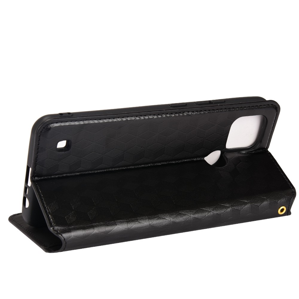 Imprinted 3D Rhombus Pattern Phone Case PU Leather + TPU Protective Cover with Stand Wallet for Realme C21 - Black-5