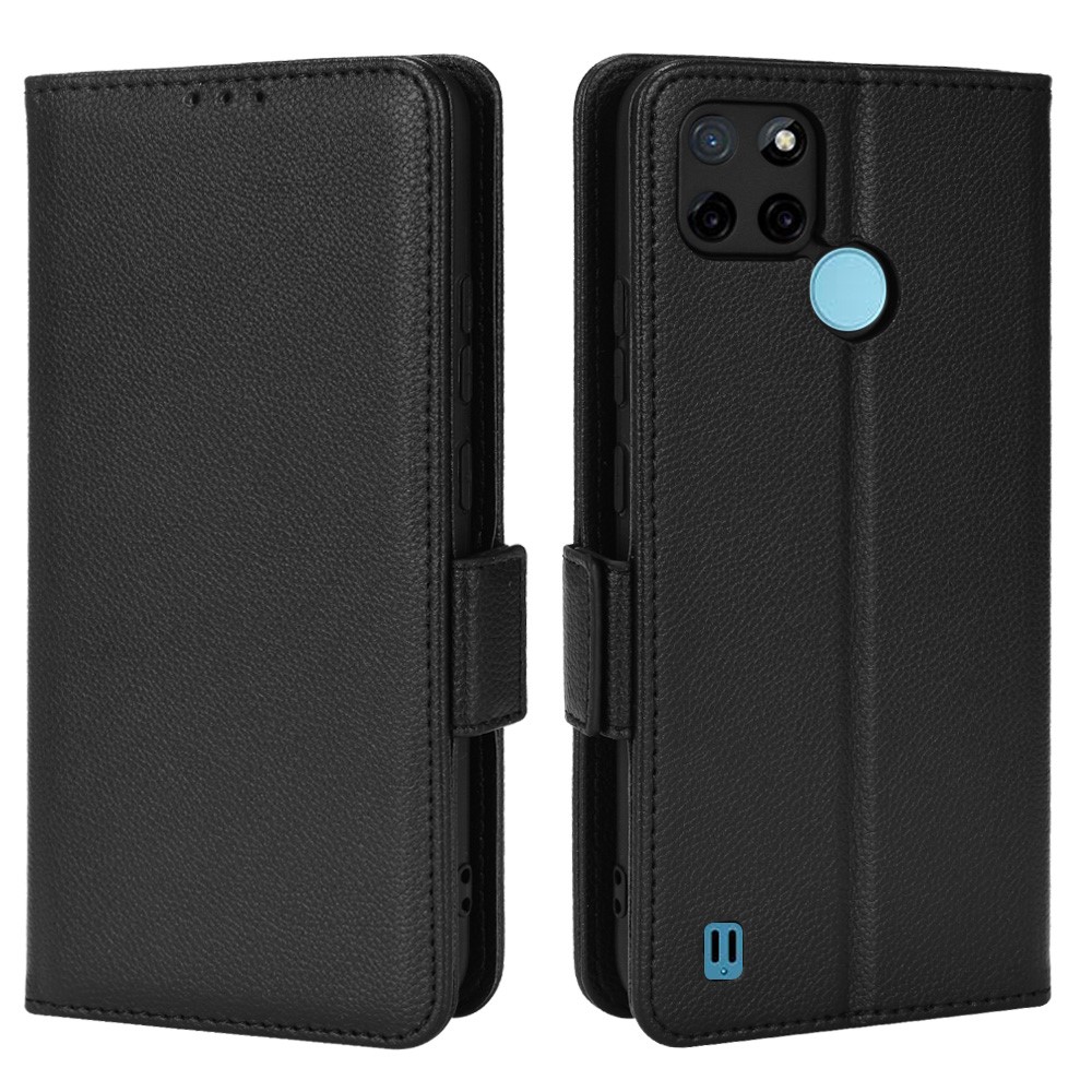 Litchi Texture PU Leather Phone Case Magnetic Clasp Folio Stand Phone Cover with Wallet for Realme C21Y/C25Y - Black-1