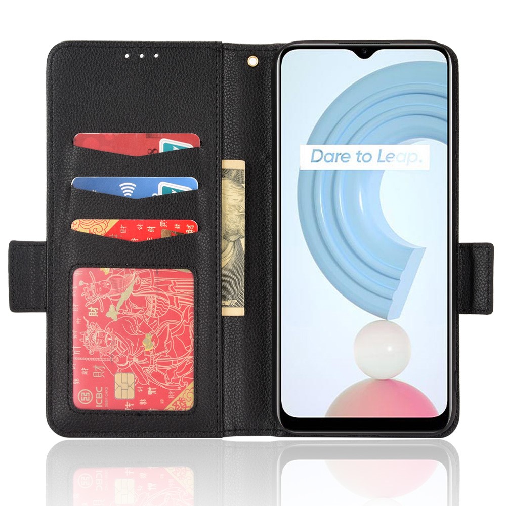 Litchi Texture PU Leather Phone Case Magnetic Clasp Folio Stand Phone Cover with Wallet for Realme C21Y/C25Y - Black-4