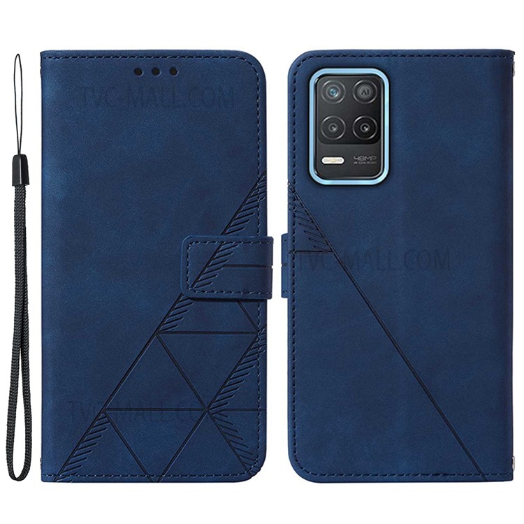 PB2 Series Business Style Imprinting Lines PU Leather Case Stand Wallet Phone Protective Cover with Strap for Realme 8 5G/V13 5G/Narzo 30 5G - Sapphire-1