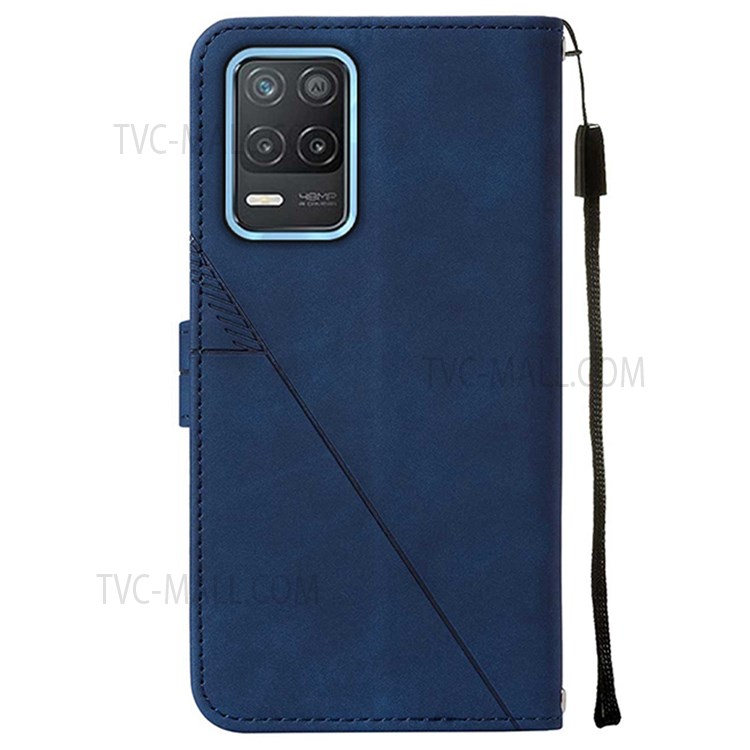 PB2 Series Business Style Imprinting Lines PU Leather Case Stand Wallet Phone Protective Cover with Strap for Realme 8 5G/V13 5G/Narzo 30 5G - Sapphire-3