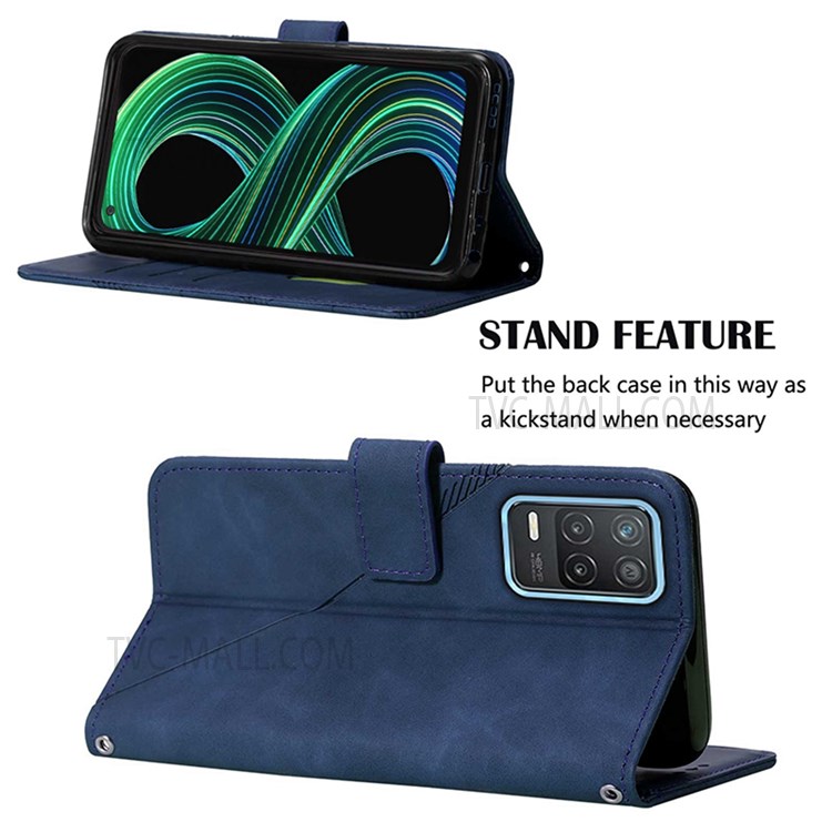 PB2 Series Business Style Imprinting Lines PU Leather Case Stand Wallet Phone Protective Cover with Strap for Realme 8 5G/V13 5G/Narzo 30 5G - Sapphire-4