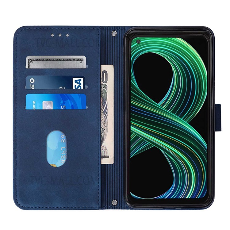 PB2 Series Business Style Imprinting Lines PU Leather Case Stand Wallet Phone Protective Cover with Strap for Realme 8 5G/V13 5G/Narzo 30 5G - Sapphire-5