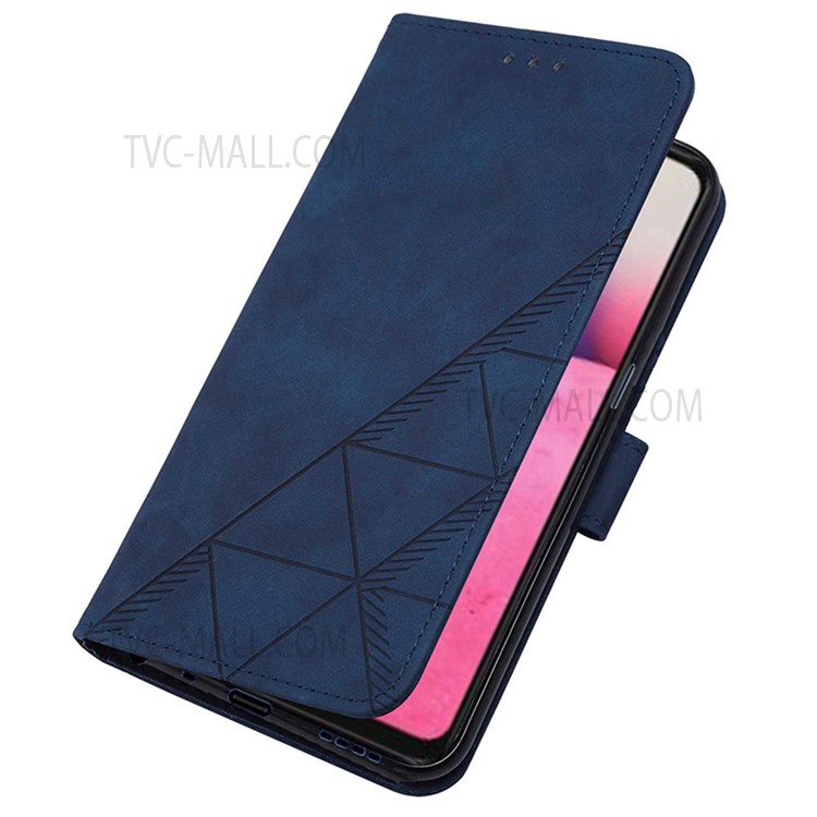 PB2 Series Business Style Imprinting Lines PU Leather Case Stand Wallet Phone Protective Cover with Strap for Realme 8 5G/V13 5G/Narzo 30 5G - Sapphire-6