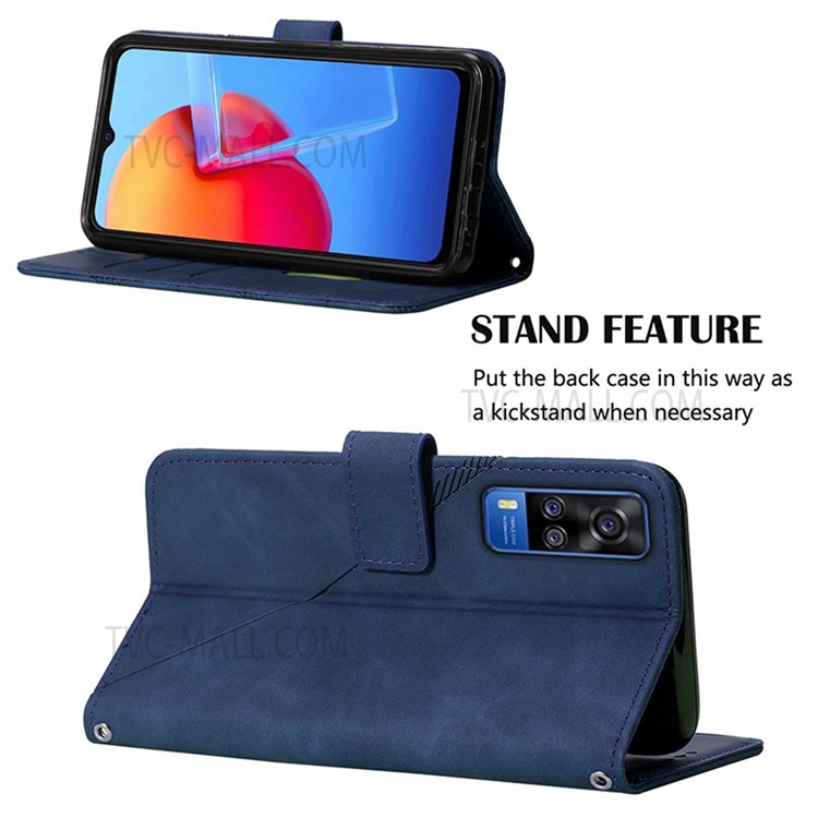 PB2 Series PU Leather + TPU Imprinting Lines Phone Case All-round Protection Anti-fall Cover with Stand Wallet for vivo Y31 (2021)/Y51 (2020, December)/Y51a/Y53s 4G - Sapphire-4