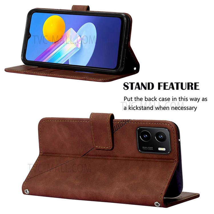 PB2 Series Lightweight Mobile Phone Cover Bag Imprinting Lines PU Leather Wallet Case for vivo Y15s / Y15a - Brown-4