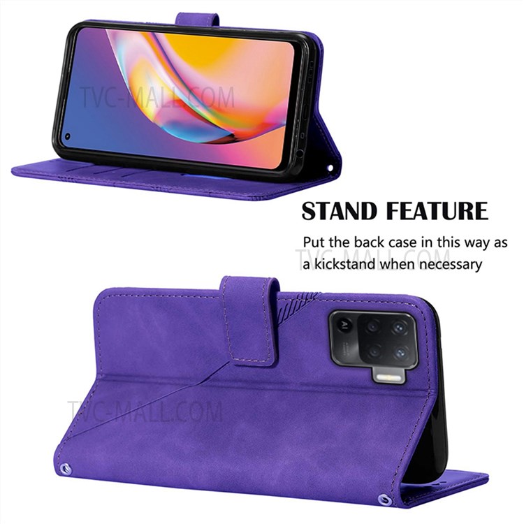 PB2 Series Imprinting Lines Viewing Stand PU Leather Case Magnetic Clasp Wallet Phone Cover for Oppo A94 4G/F19 Pro 4G/Reno5 F/Reno5 Lite - Purple-5