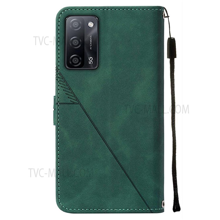 PB2 Series Stand Feature PU Leather Imprinting Lines Magnetic Clasp Wallet Phone Case Protector for Oppo A55 5G/A53s 5G/A54 4G/Realme V11 5G - Blackish Green-3